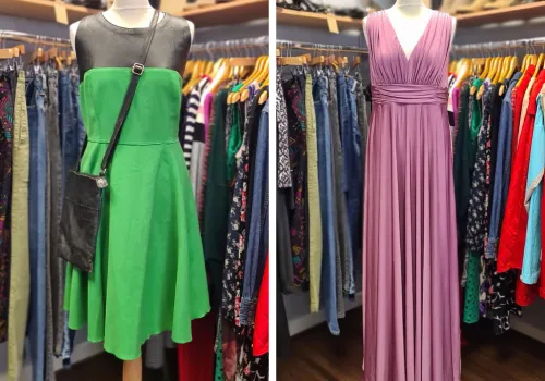 Two gorgeous outfits donated by Alexia, displayed in our charity shop