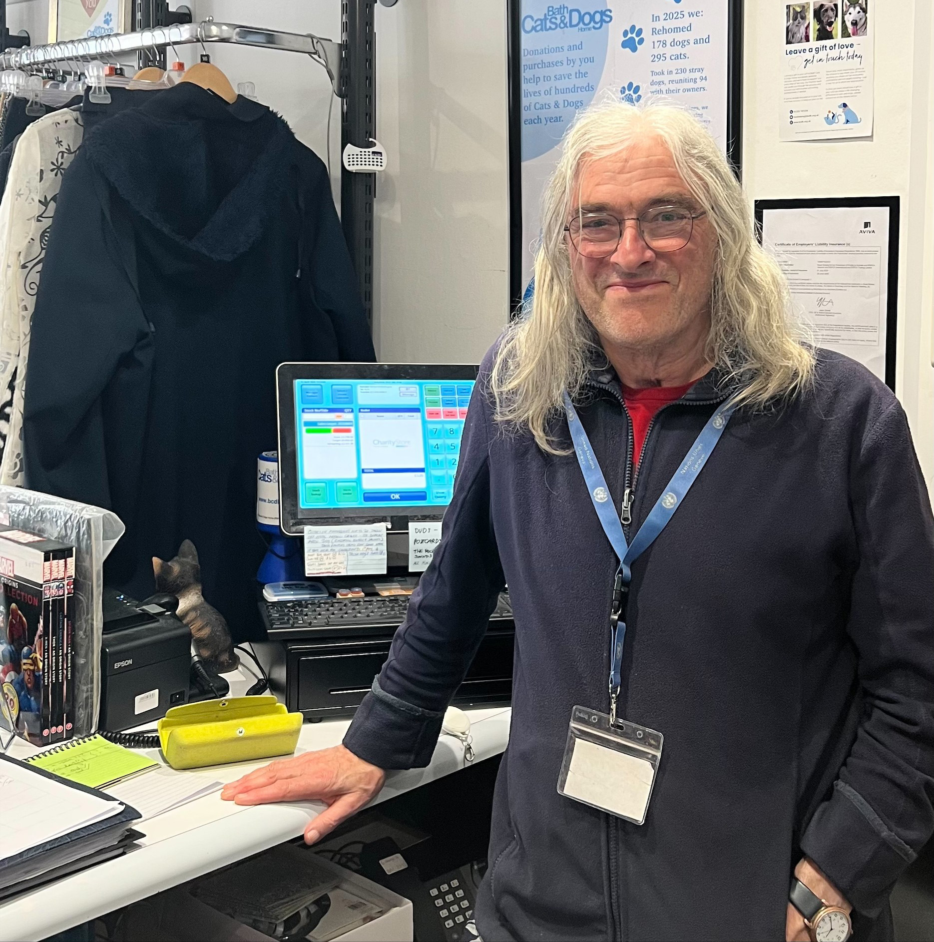 Volunteer Len at the Charity Shop on George Street, Bath  