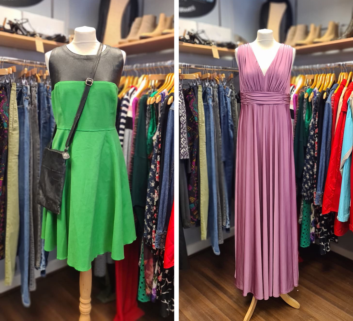 Two gorgeous outfits donated by Alexia, displayed in our charity shop 