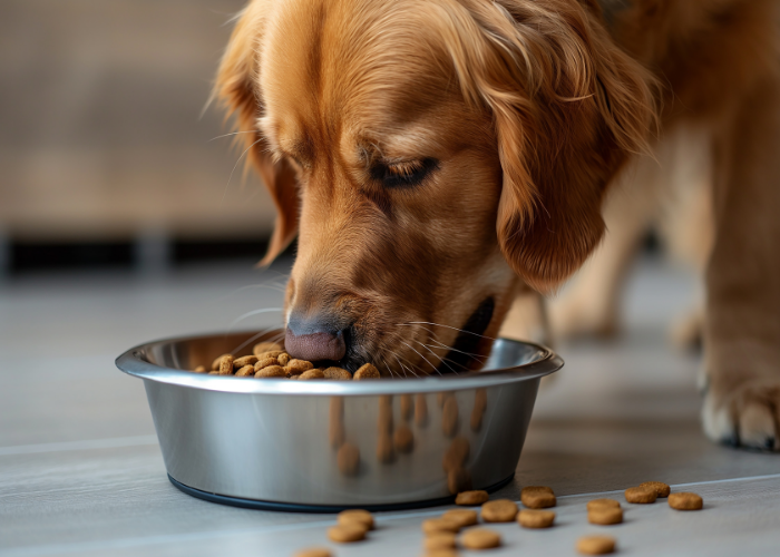 Close-up of a dog eating dried food out of a metal bowl