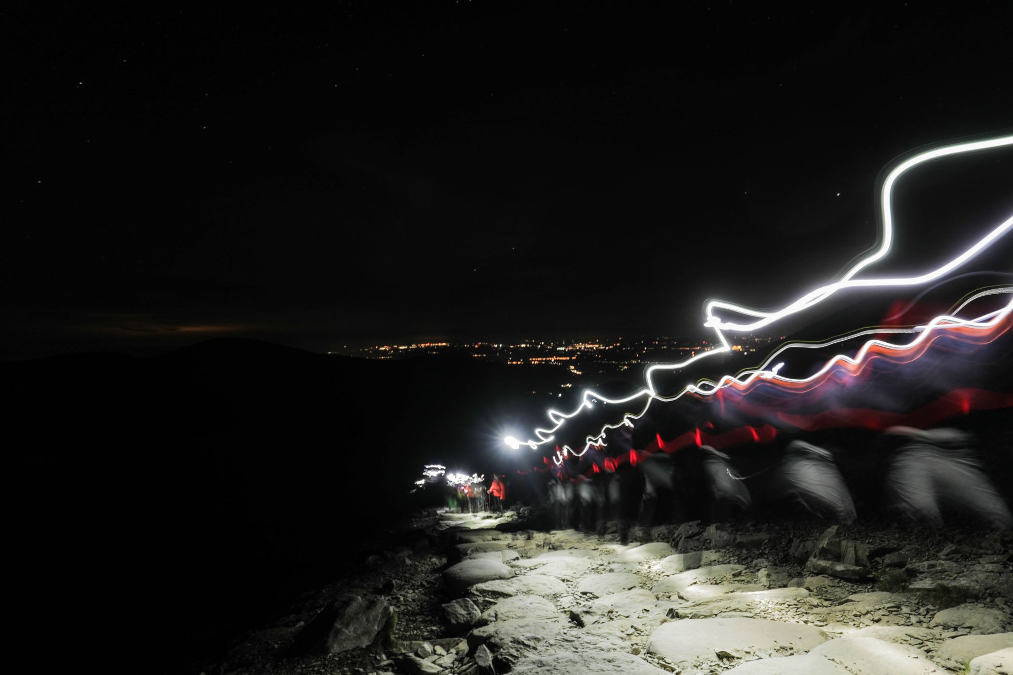 Night trek up Yr Wyddfa Wales with headlamps making trails
