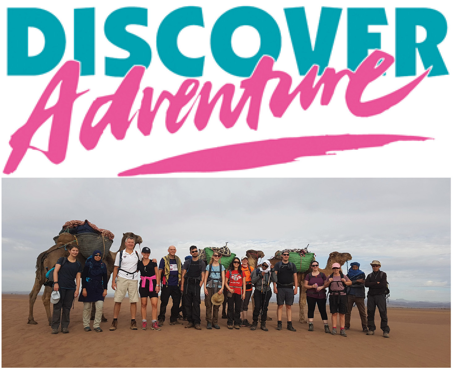 Discover Adventure logo and group photo of trekkers in the Sahara